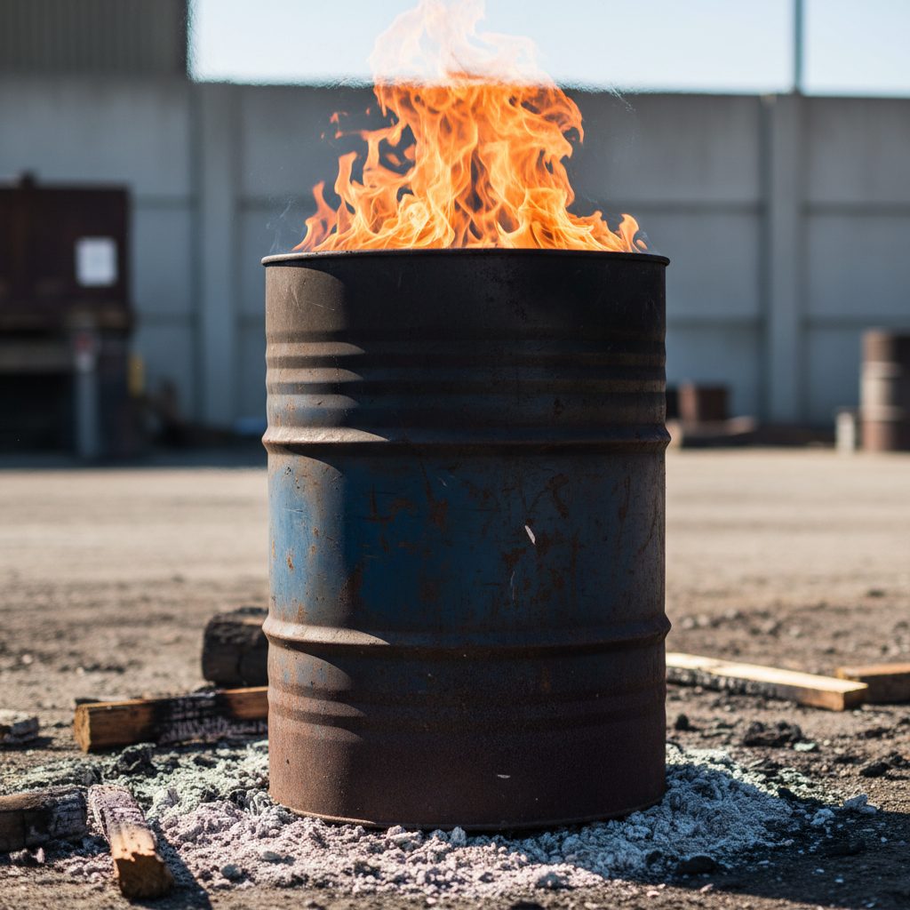 A schematic diagram of a flame-cap pyrolysis kiln showing heat zones and low oxygen flow.