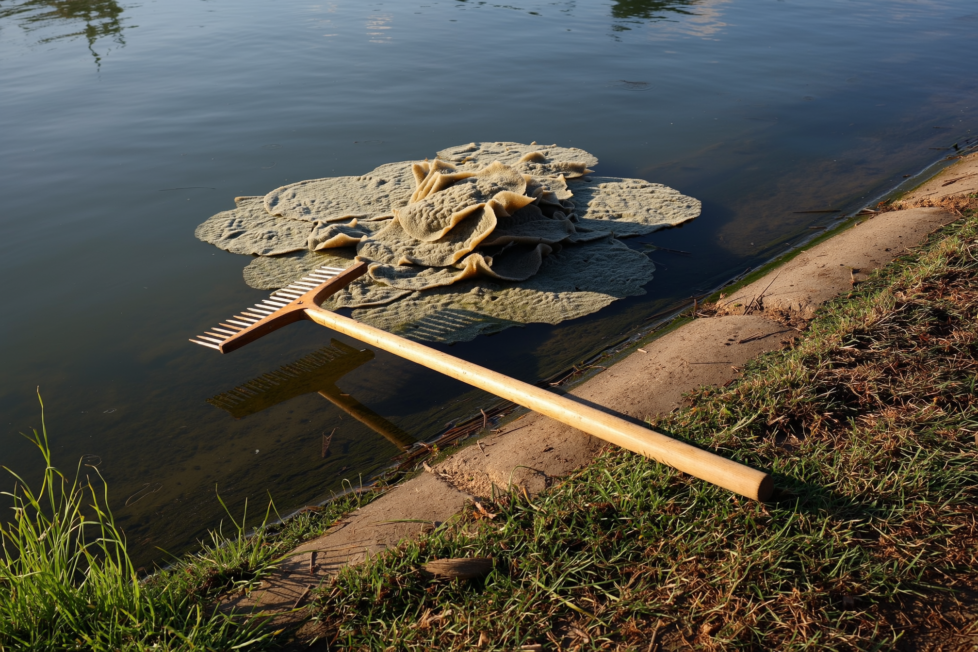 A wooden rake resting on the edge of a pond bank next to a pile of harvested filamentous green algae mats, illustrating manual nutrient extraction during early morning.