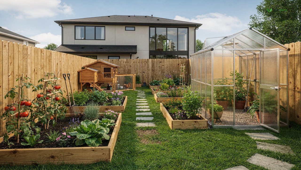 A suburban backyard turned homestead with raised vegetable beds, a small greenhouse, and a chicken coop behind a modern house