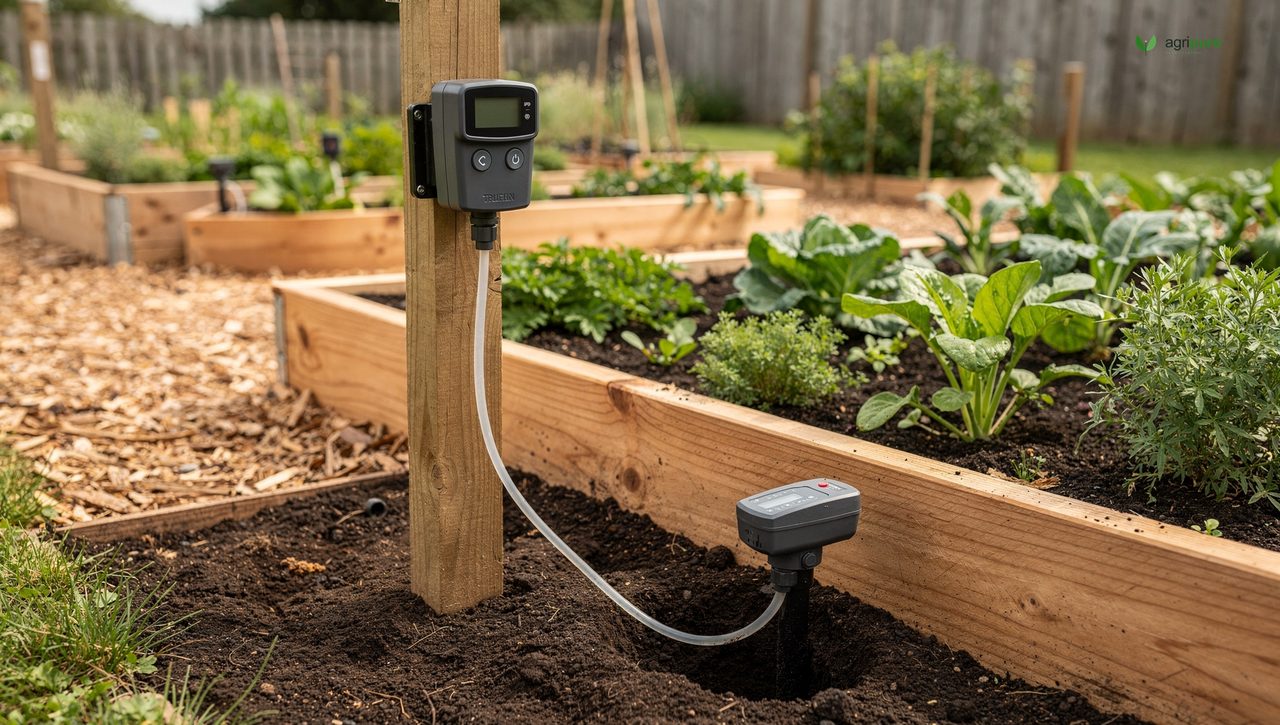 A smartphone showing a garden app beside raised beds with a drip irrigation timer and a soil sensor in a backyard homestead