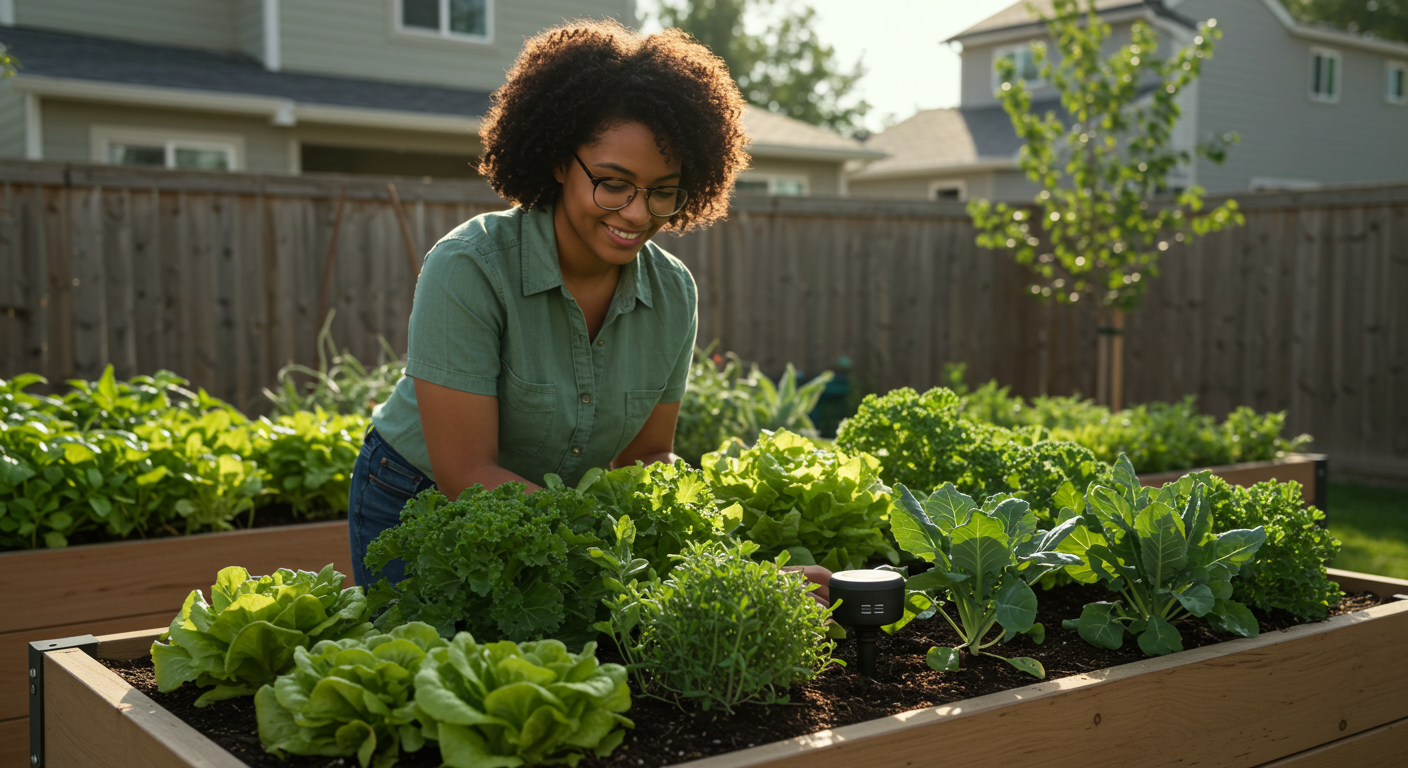 A smiling millennial woman wearing glasses actively tends to a vibrant raised garden bed in her bright, sunny suburban backyard. The garden is filled with an assortment of green vegetables and herbs, with a small, modern soil sensor visibly placed among the plants, symbolizing contemporary homesteading.