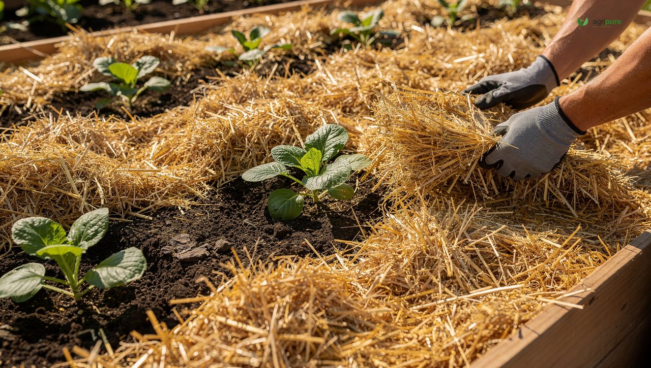 Hands spreading a thick even layer of straw mulch around young vegetable plants, leaving space around each stem