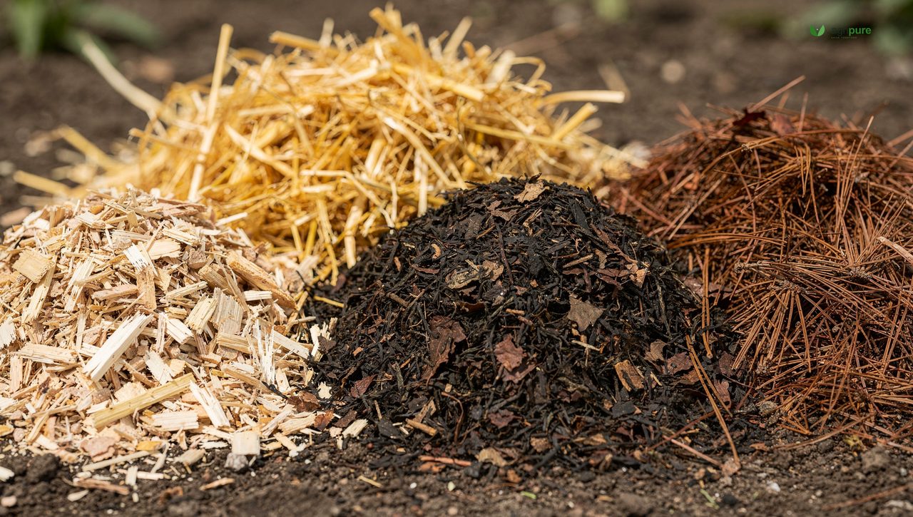 Piles of different organic mulches side by side: wood chips, golden straw, shredded leaves, and pine needles