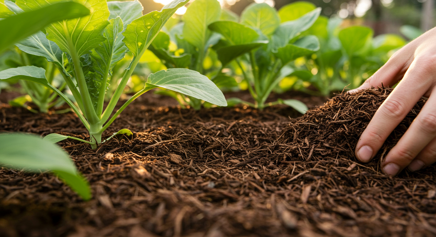 A close-up photograph of dark, organic wood chip mulch spread thickly around the base of young, green vegetable plants in a garden bed, indicating healthy soil and plant growth.