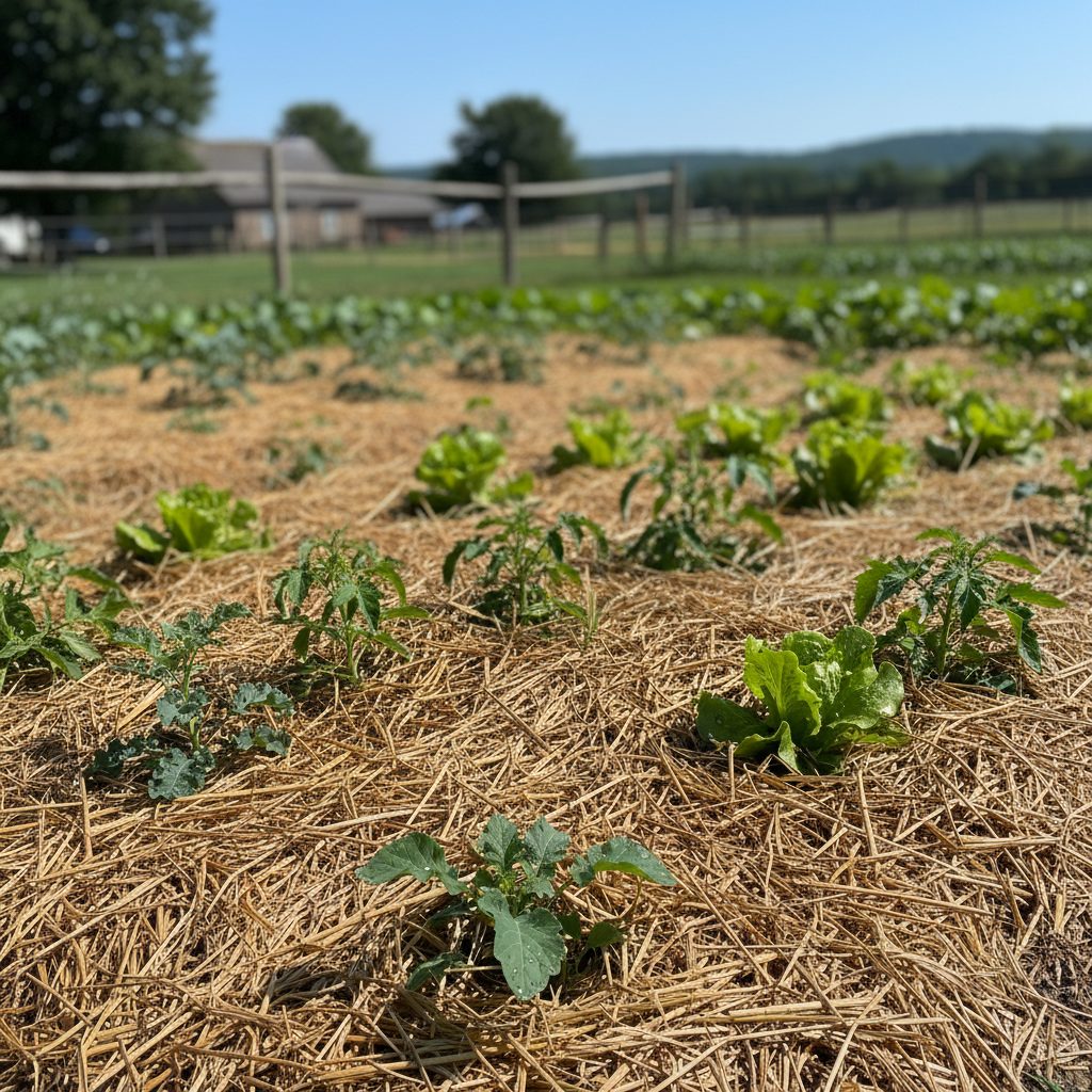 A well-mulched vegetable garden bed with straw, conserving moisture in a sunny US homestead.