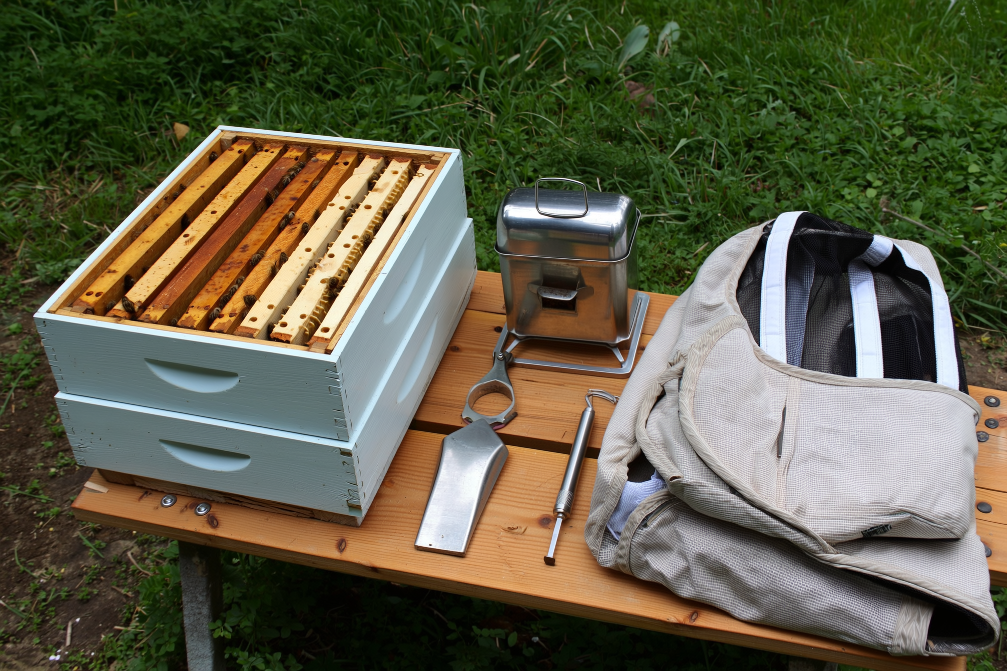 A beginner beekeeping kit laid out on a wooden bench: a stacked Langstroth hive box with frames, a stainless smoker, a flat hive tool, a feeder, and a folded ventilated bee suit, no people