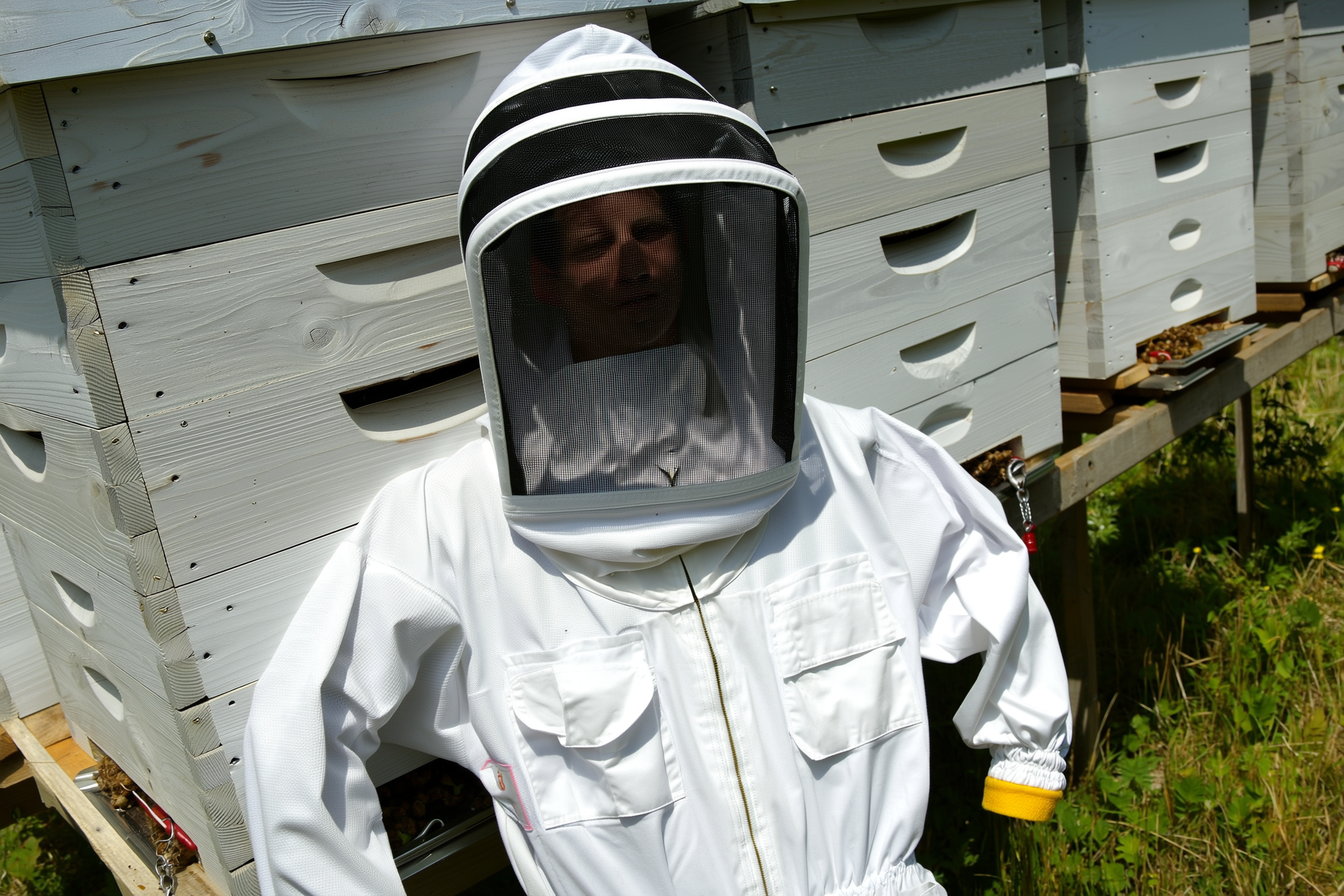 A white ventilated full-body beekeeping suit with a fencing-style veil hood hung on a wooden post beside a hive, showing the mesh fabric and elastic cuffs, no people
