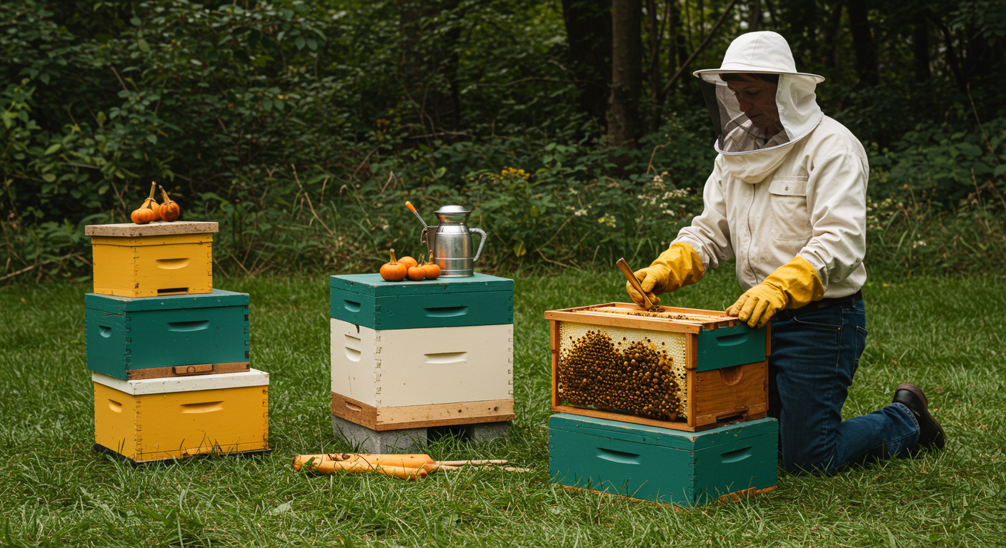 A natural wooden Langstroth beehive active with honeybees on a sunny spring afternoon.
