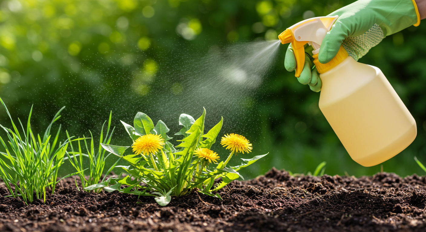 A close-up view of a gloved hand aiming a spray bottle at young dandelion and crabgrass weeds growing in dark garden soil, with blurred green foliage in the background.