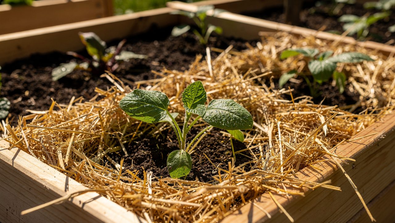 A raised garden bed being mulched with golden straw around young vegetable seedlings in dark soil on a sunny morning.