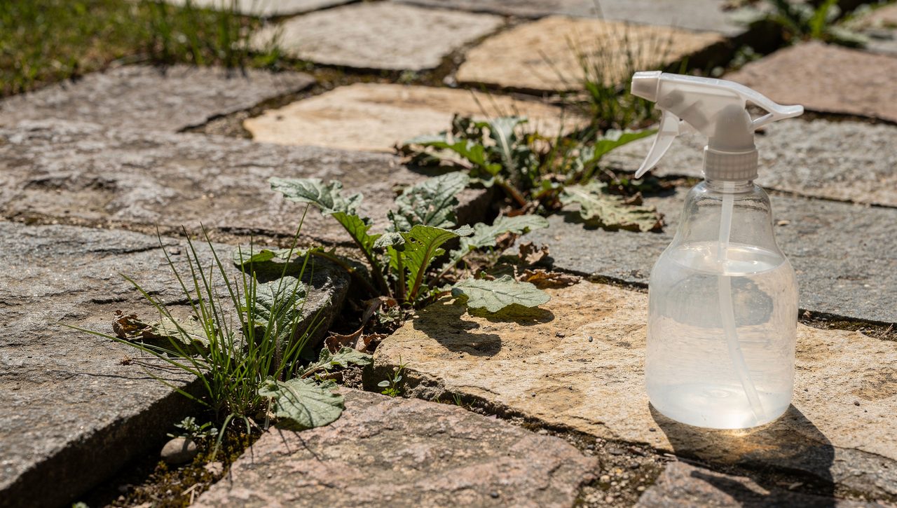 Weeds sprouting from the cracks of a stone garden path with a spray bottle resting on the stones in midday light.