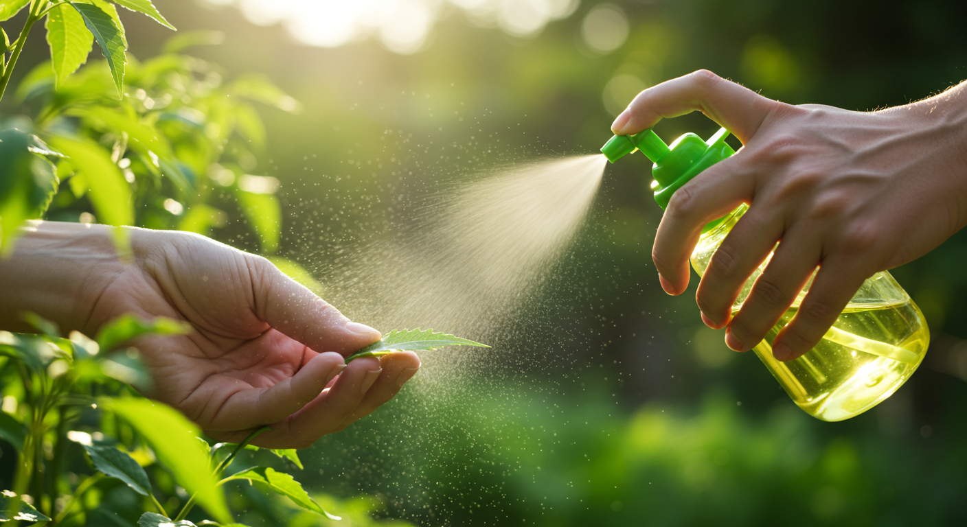 A close-up, photorealistic image showing hands carefully spraying the underside of a vibrant green plant leaf with a fine mist from a simple pump bottle in a sunlit garden, highlighting precise application.