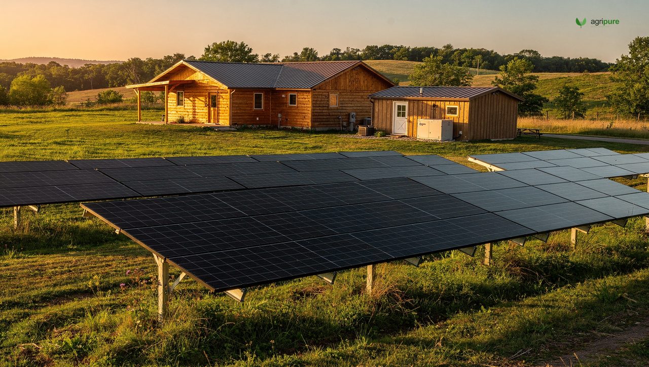 A ground-mounted solar array on a rural homestead at golden hour, rows of panels angled toward the sun with a farmhouse and a backup generator shed behind
