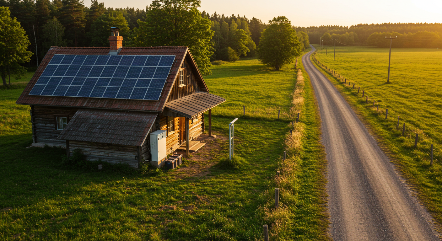 A photorealistic image showing a rustic, sustainable farmhouse equipped with roof-mounted solar panels and an exterior battery storage unit, set in a peaceful rural landscape with a long gravel road leading towards it. The scene is illuminated by the warm light of golden hour.