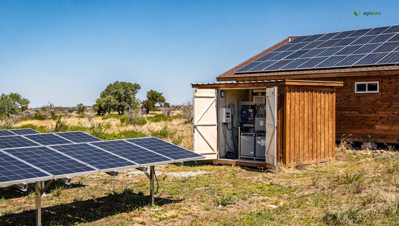 An array of roof and ground-mounted solar panels beside an off-grid cabin with a battery shed, clear sky