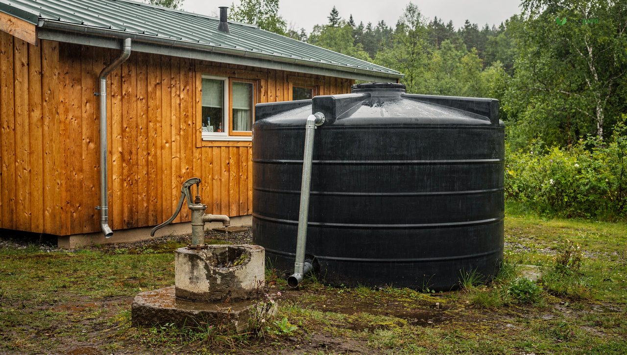 A large rainwater collection tank beside an off-grid home with gutters feeding it, a hand pump well in the foreground