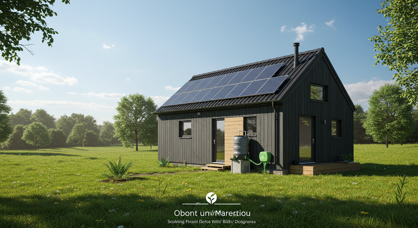 A photorealistic image showing a modern off-grid tiny home with solar panels on the roof and a rainwater harvesting barrel, nestled in a green meadow under a blue sky, illustrating sustainable living.