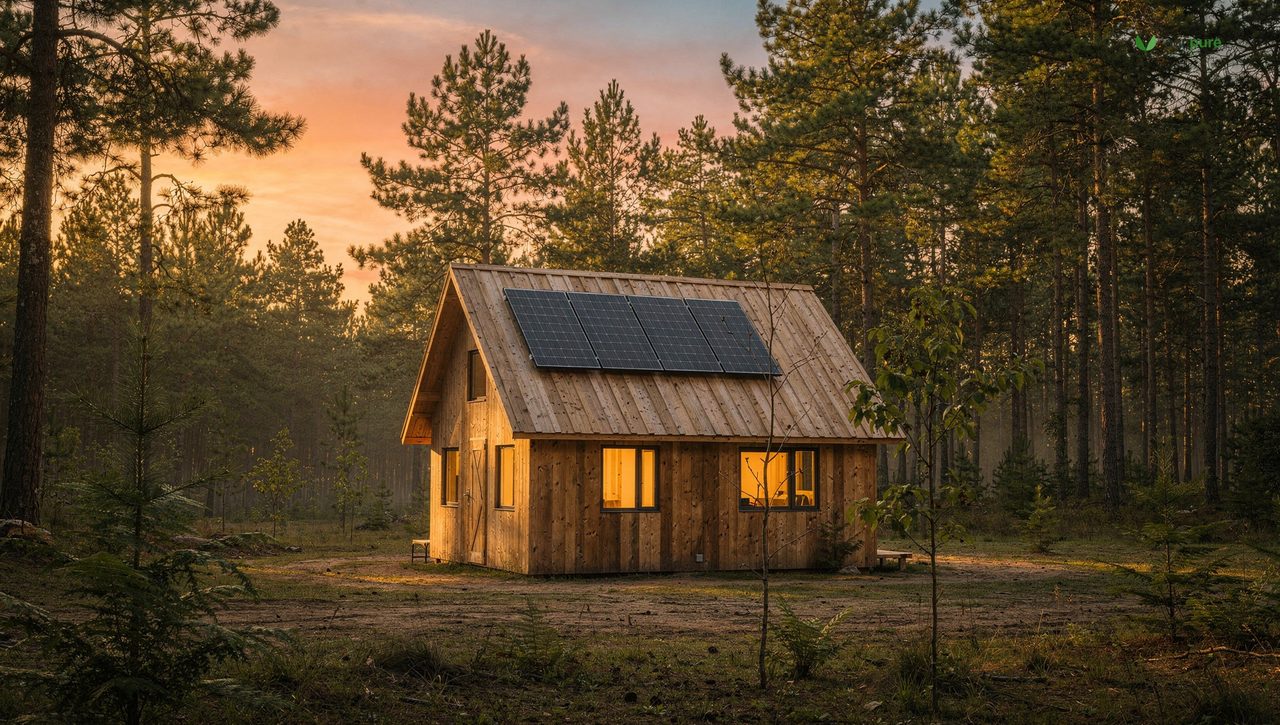 A small off-grid cabin in a clearing with rooftop solar panels at sunset, surrounded by pines