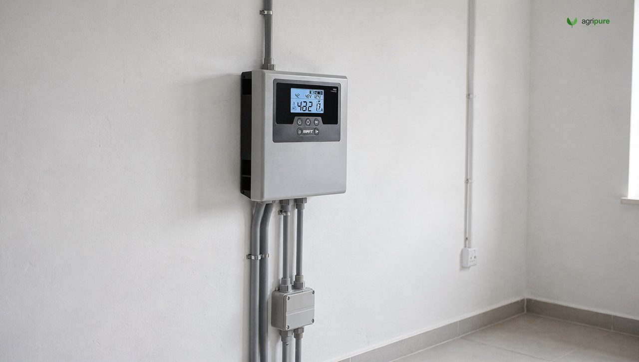 A wall-mounted MPPT solar charge controller with LCD display and conduit running up to roof panels, in a clean utility room