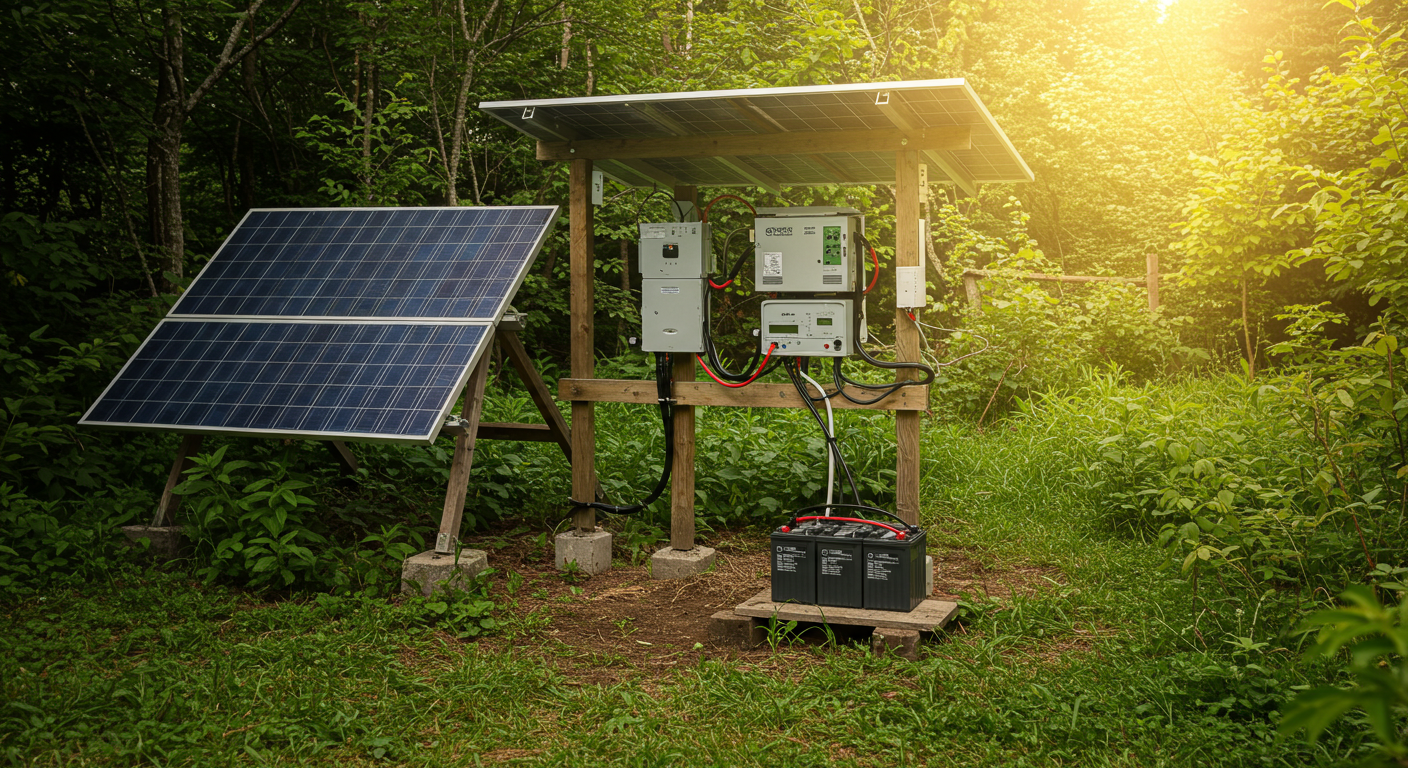 An off-grid solar power system featuring solar panels mounted on a wooden stand, connected to a visible charge controller, a robust battery bank, and an inverter, all situated near a rustic cabin amidst green trees and natural landscape under bright daylight.