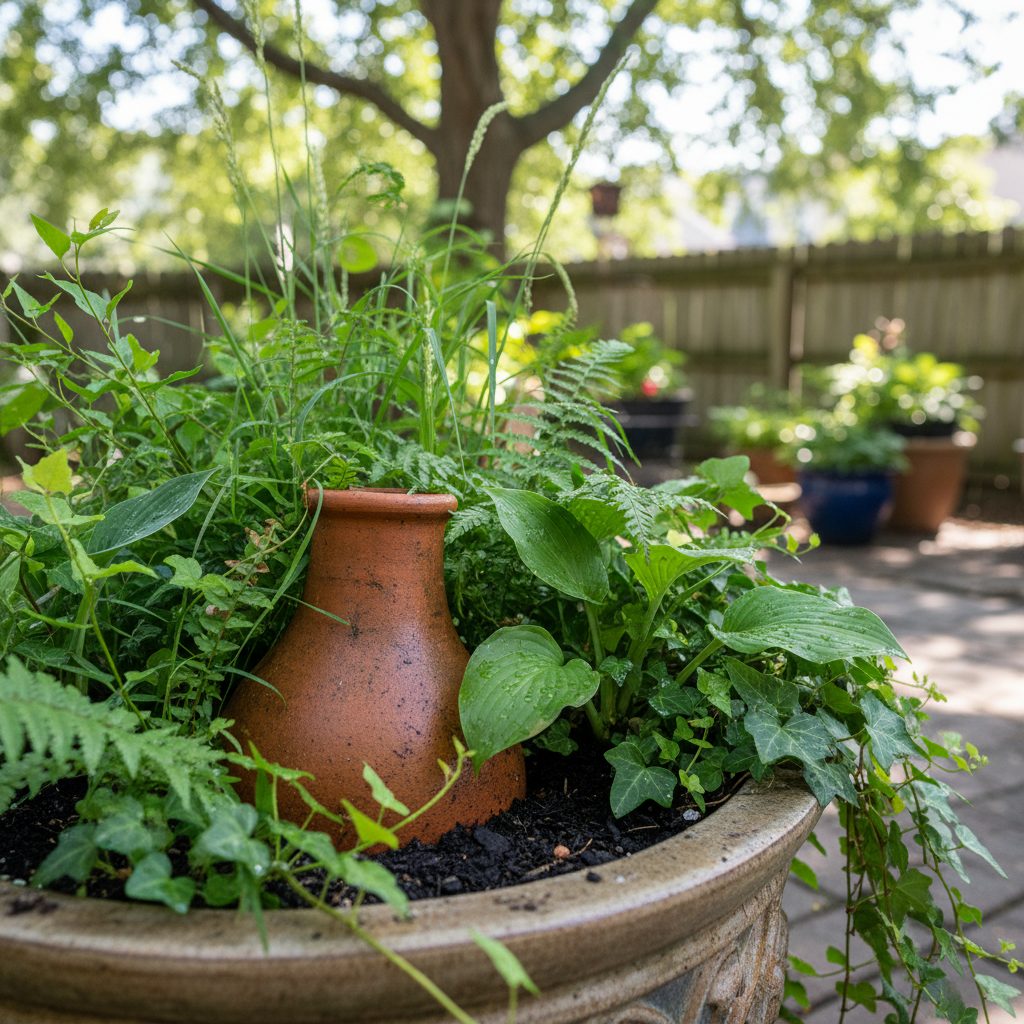 A terracotta olla buried in a container garden, providing passive irrigation to surrounding plants.