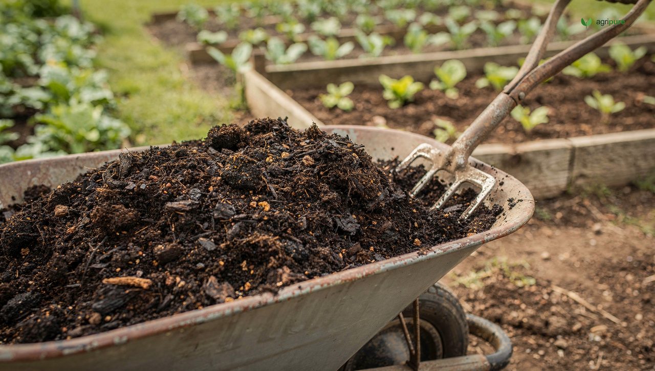 A wheelbarrow of dark crumbly finished compost beside a vegetable bed, with a garden fork resting in it