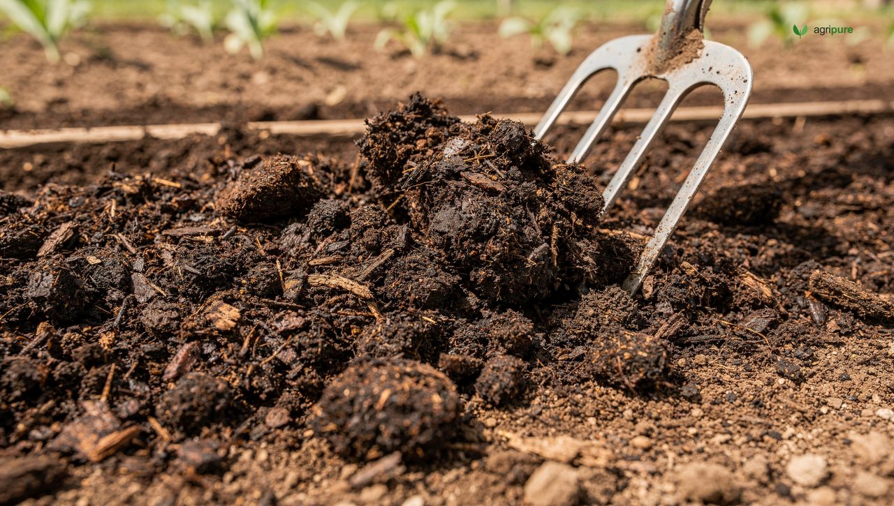 Aged composted manure being spread and forked into a garden bed, dark and crumbly over brown soil