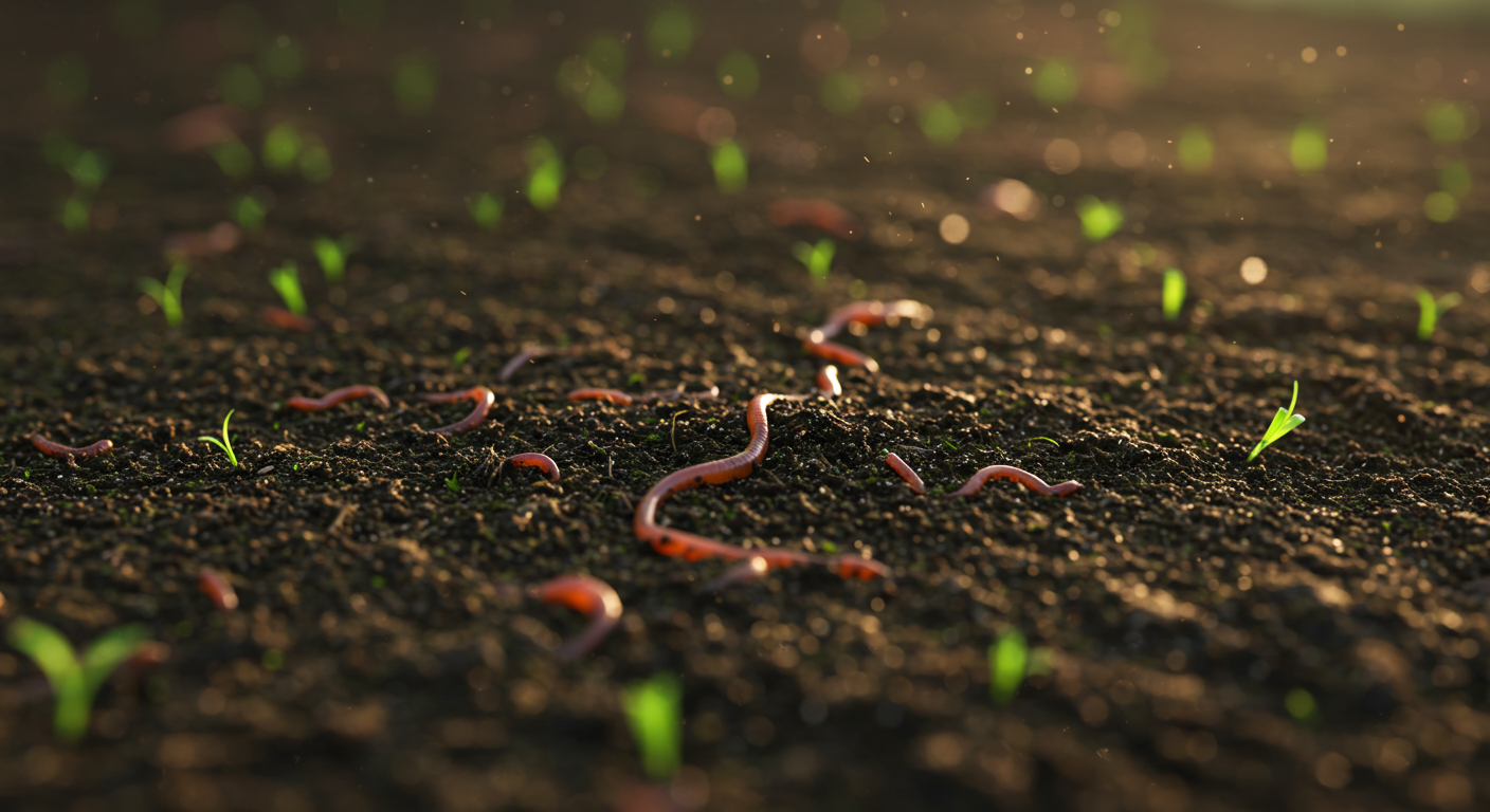 A close-up, high-angle shot of rich, dark organic garden soil, indicating healthy microbial activity with visible composted organic matter and a few earthworms partially visible. Small green shoots are beginning to emerge from the moist, crumbly soil surface.