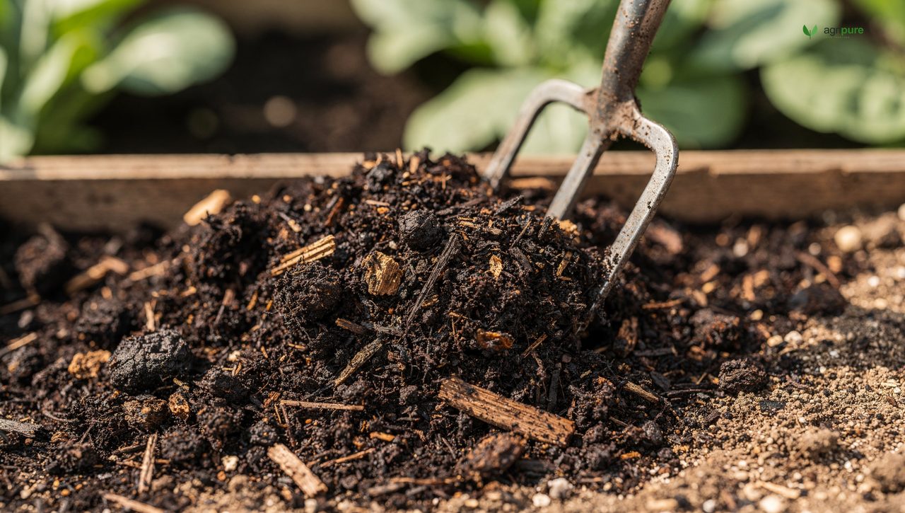 Dark crumbly compost being mixed into a vegetable garden bed, rich organic soil in close-up