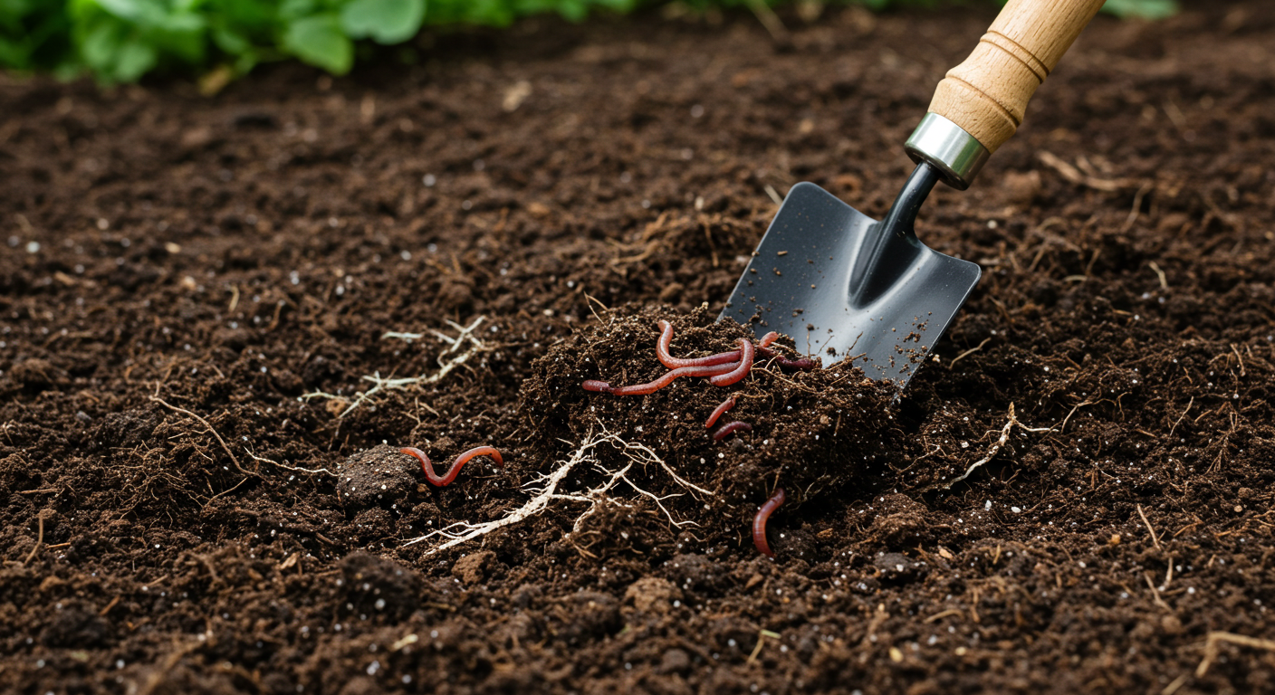 Close-up of healthy, dark organic garden soil being turned by a hand trowel, showing active earthworms, fine root systems, and visible organic matter like compost and aged manure, symbolizing fertile living soil.