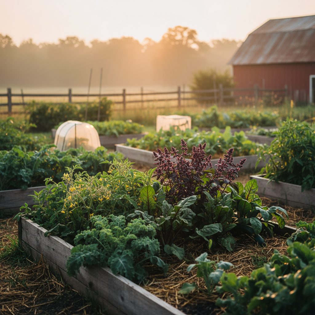 A vibrant US homestead garden with rows of green vegetables, a small wooden shed, and a few ladybugs on leaves in the morning sun.