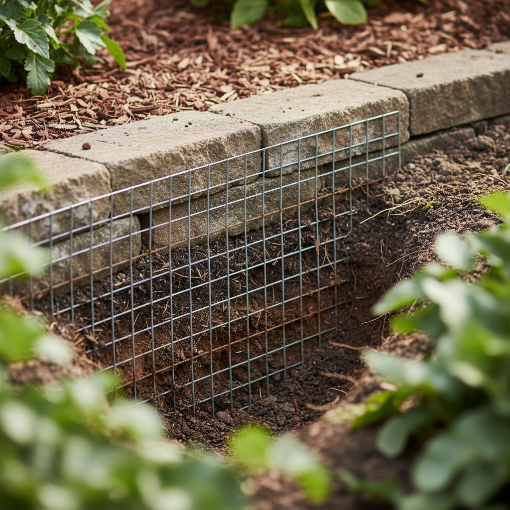 Close-up of hardware cloth buried 18 inches deep around the base of a raised garden bed, protecting against voles.