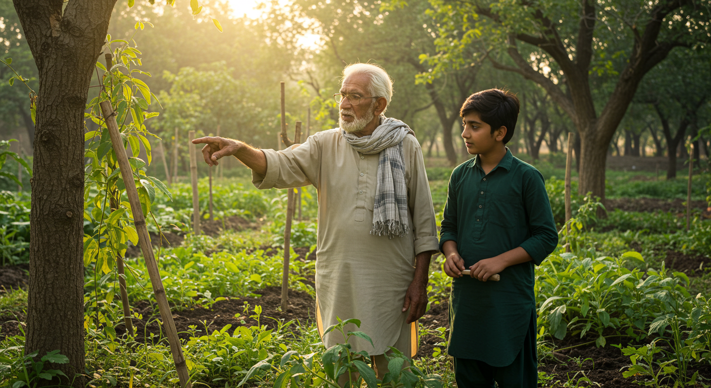 An older Pakistani farmer, with weathered hands, gestures towards a mature agroforestry system, while a younger person attentively listens, symbolizing the transfer of generational farming knowledge.