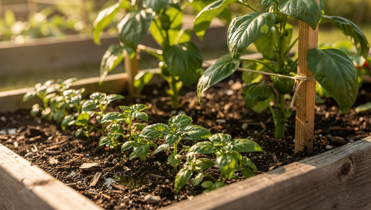 Young basil plants growing between staked bell pepper plants in a raised bed under bright morning sun.