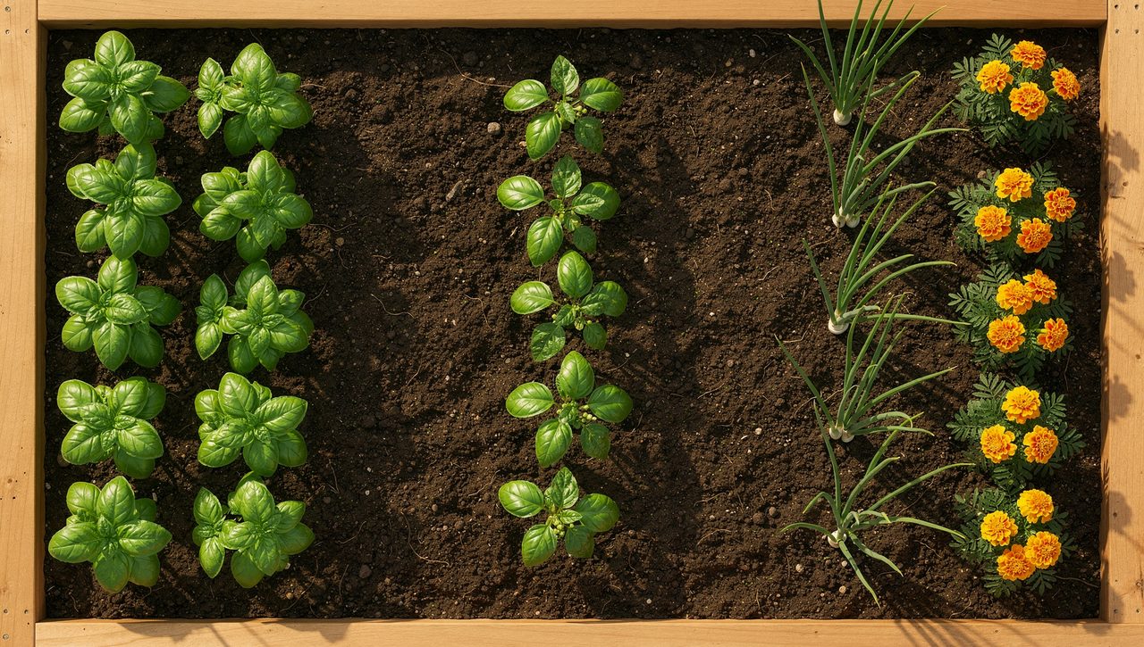 An overhead view of a planned raised garden bed with a center row of peppers edged by basil, onions, and marigolds in dark soil.