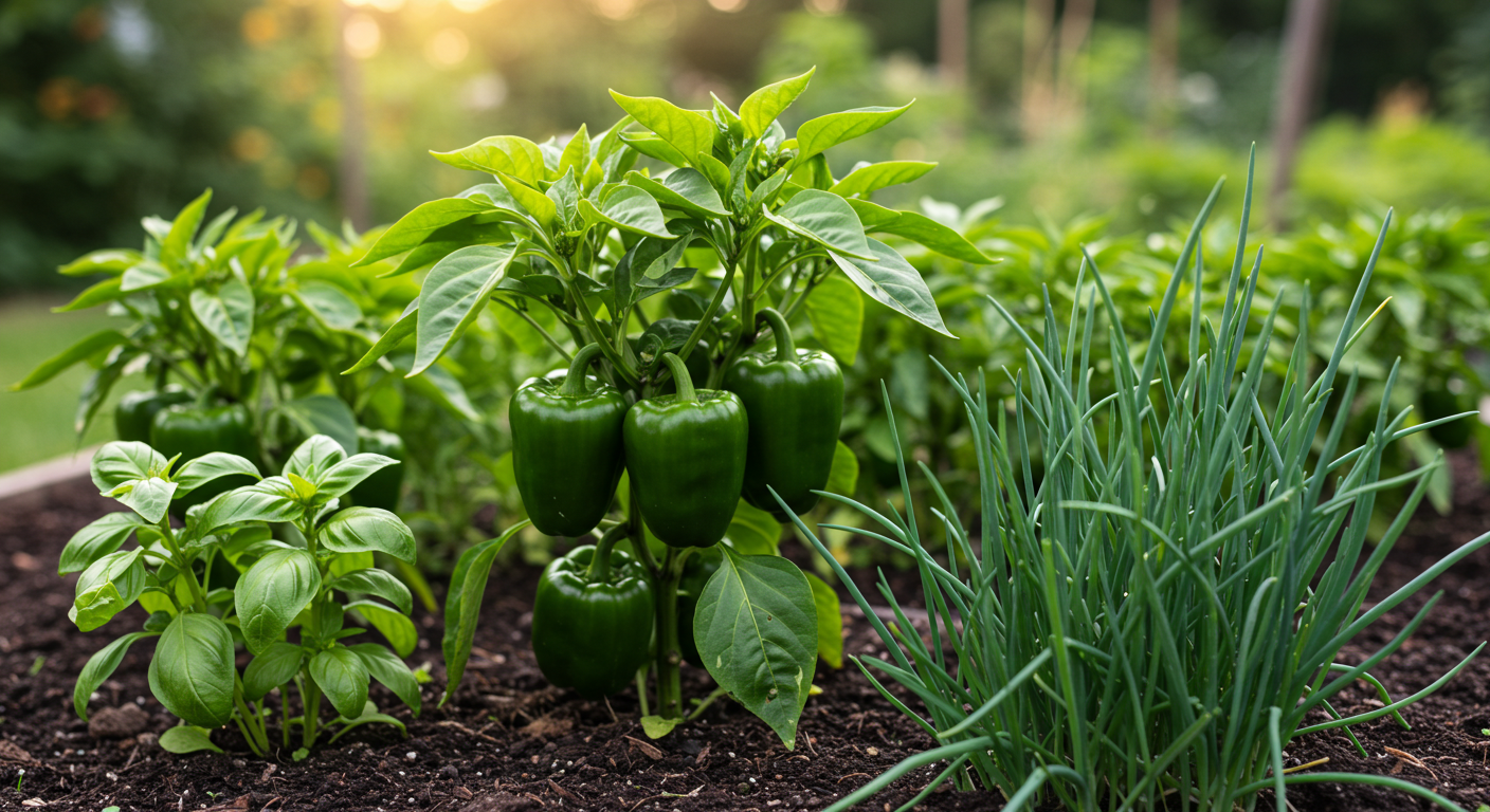A close-up, eye-level view of a sunlit organic garden bed, featuring healthy green bell pepper plants interplanted with vibrant basil and slender chives, demonstrating beneficial companion planting.