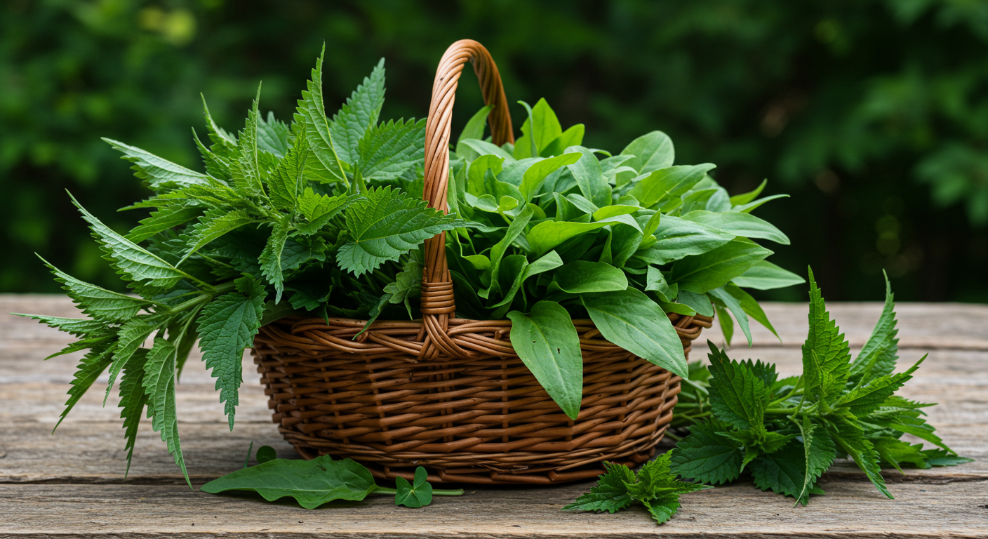 A wooden table holding a woven basket filled with freshly picked wild sorrel and nettles.