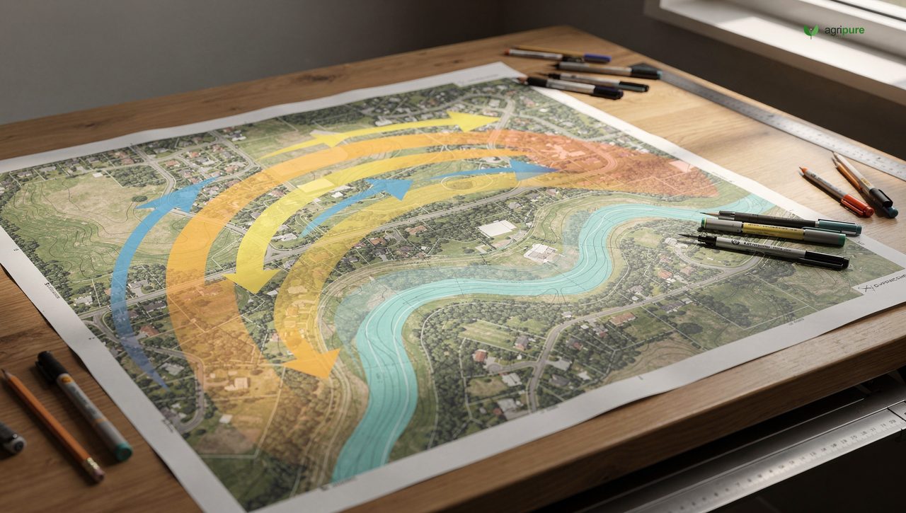A property map overlaid with colored arrows showing sun path, wind direction, and water flow across the land