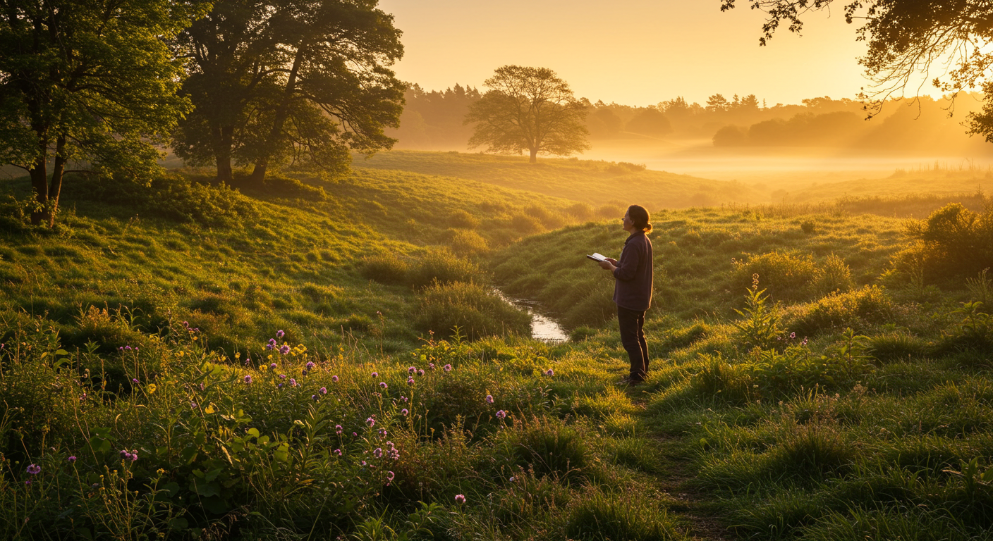 A permaculture designer stands in a field at sunrise, observing the landscape with a notebook, taking notes on the natural contours and light patterns of the land.