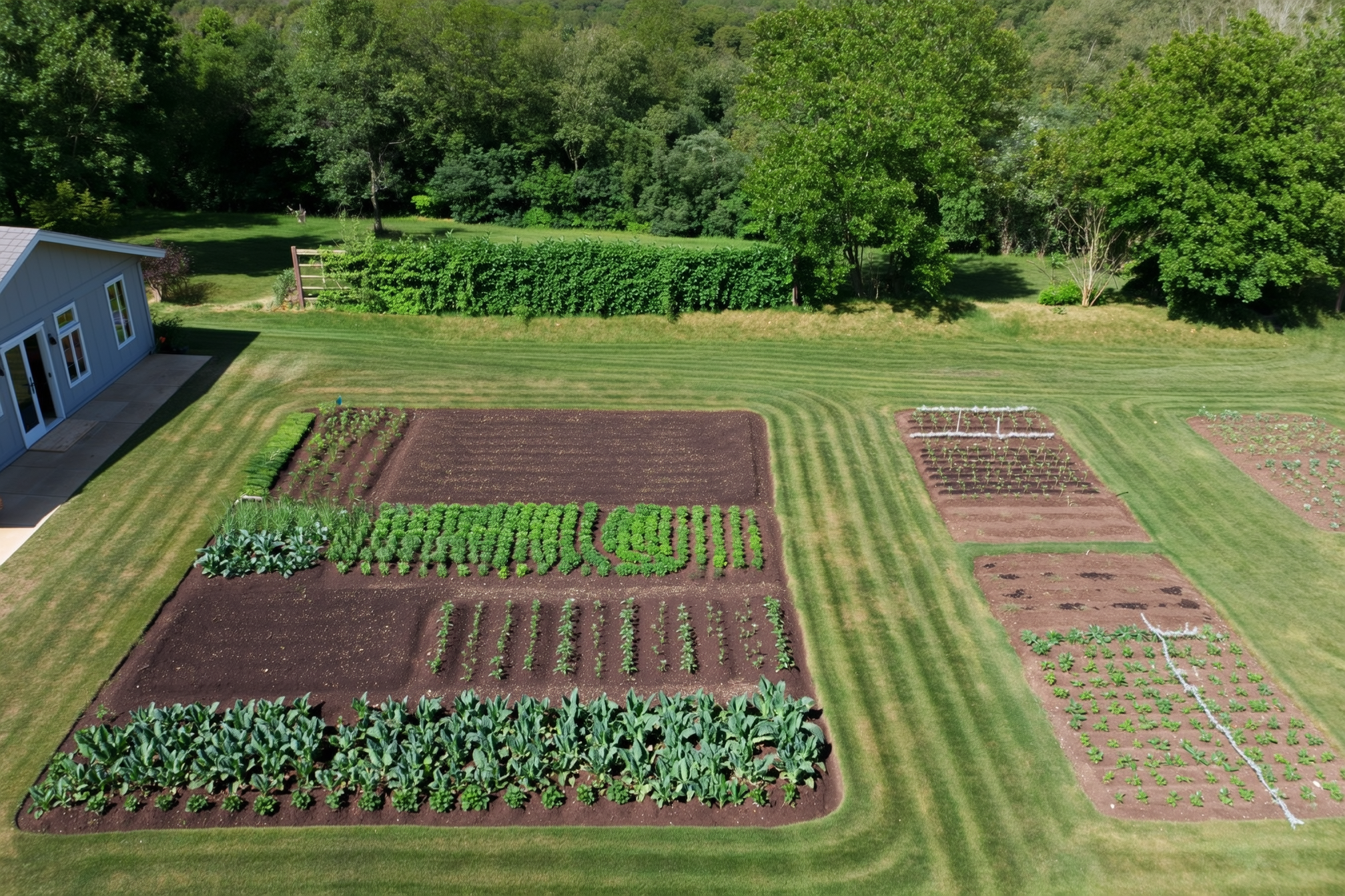 Aerial view of a quarter-acre backyard laid out in permaculture zones, with keyhole vegetable beds by the house, an orchard beyond, and a wild hedgerow at the back fence