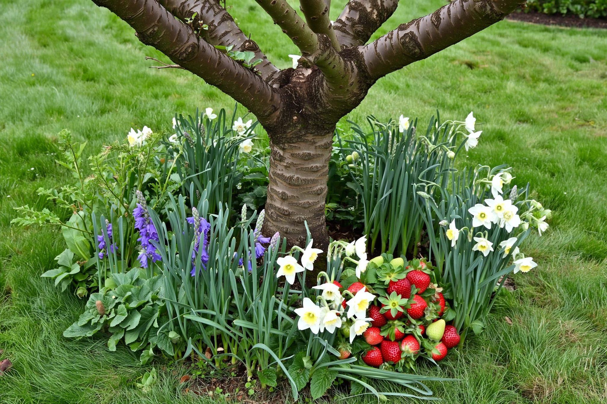 A young apple tree underplanted with a guild of comfrey, chives, daffodils, borage, and strawberries growing in a ring around its trunk