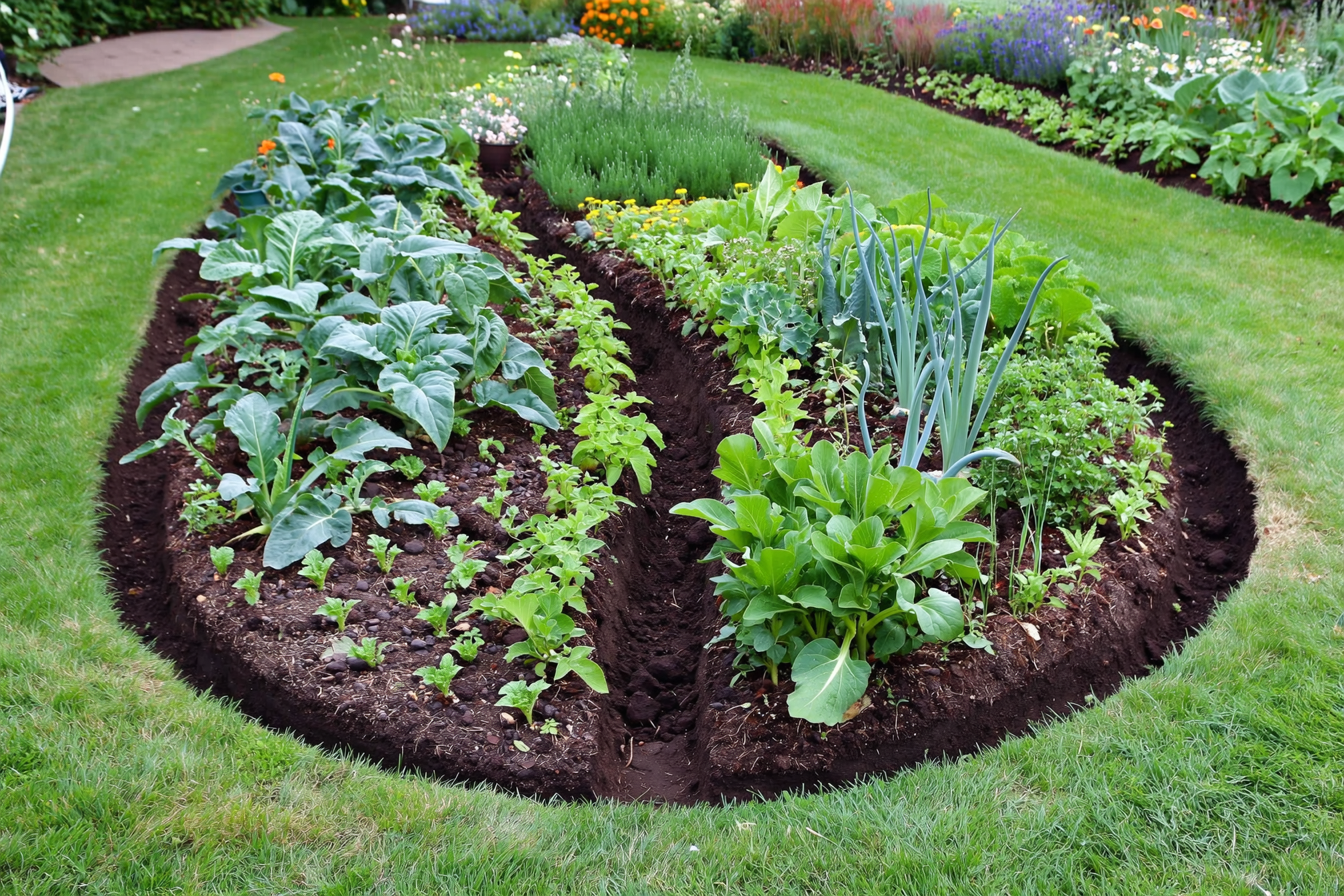 A curved keyhole-shaped raised garden bed planted densely with vegetables and herbs, with a narrow access notch leading to a central compost basket