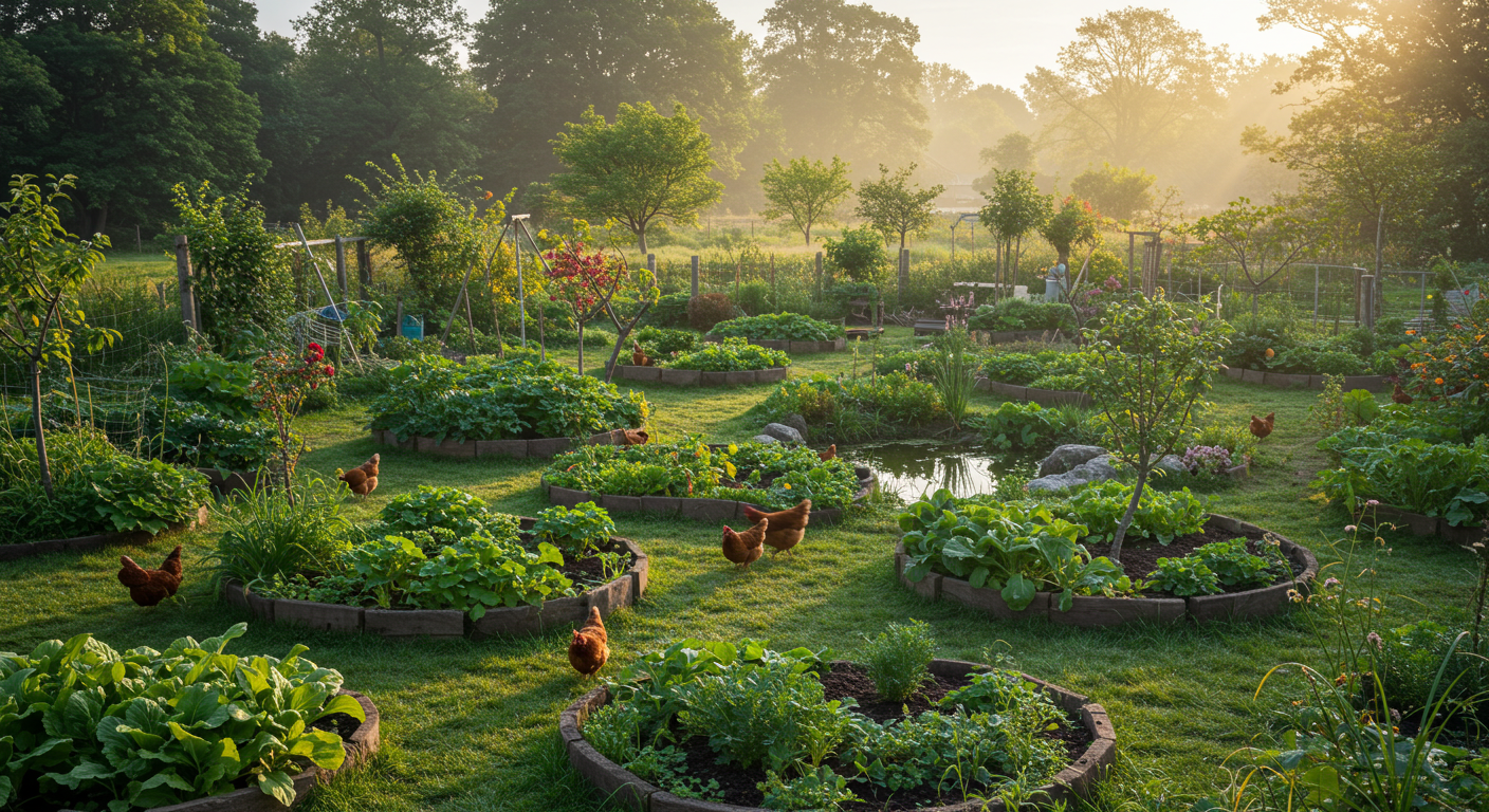 An aerial view of a meticulously designed permaculture garden featuring concentric zones. In the foreground, a keyhole garden bed is rich with salad greens and herbs. Beyond, berry bushes and young fruit trees form an orchard, transitioning to a wilder edge with taller native plants. The entire garden is bathed in soft sunlight, showcasing healthy soil and abundant biodiversity.