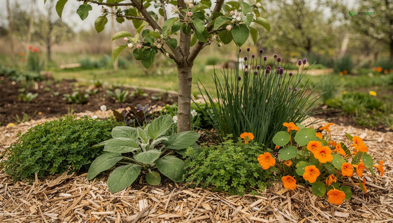 A young fruit tree underplanted with comfrey, chives, clover, and flowers in a permaculture guild over mulch