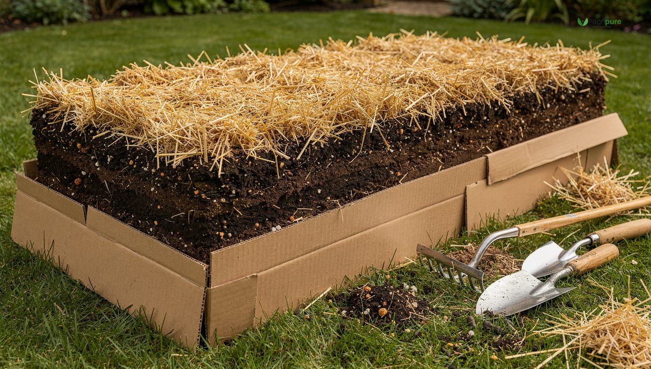 A new no-dig garden bed being built in layers, cardboard topped with compost and straw mulch over grass