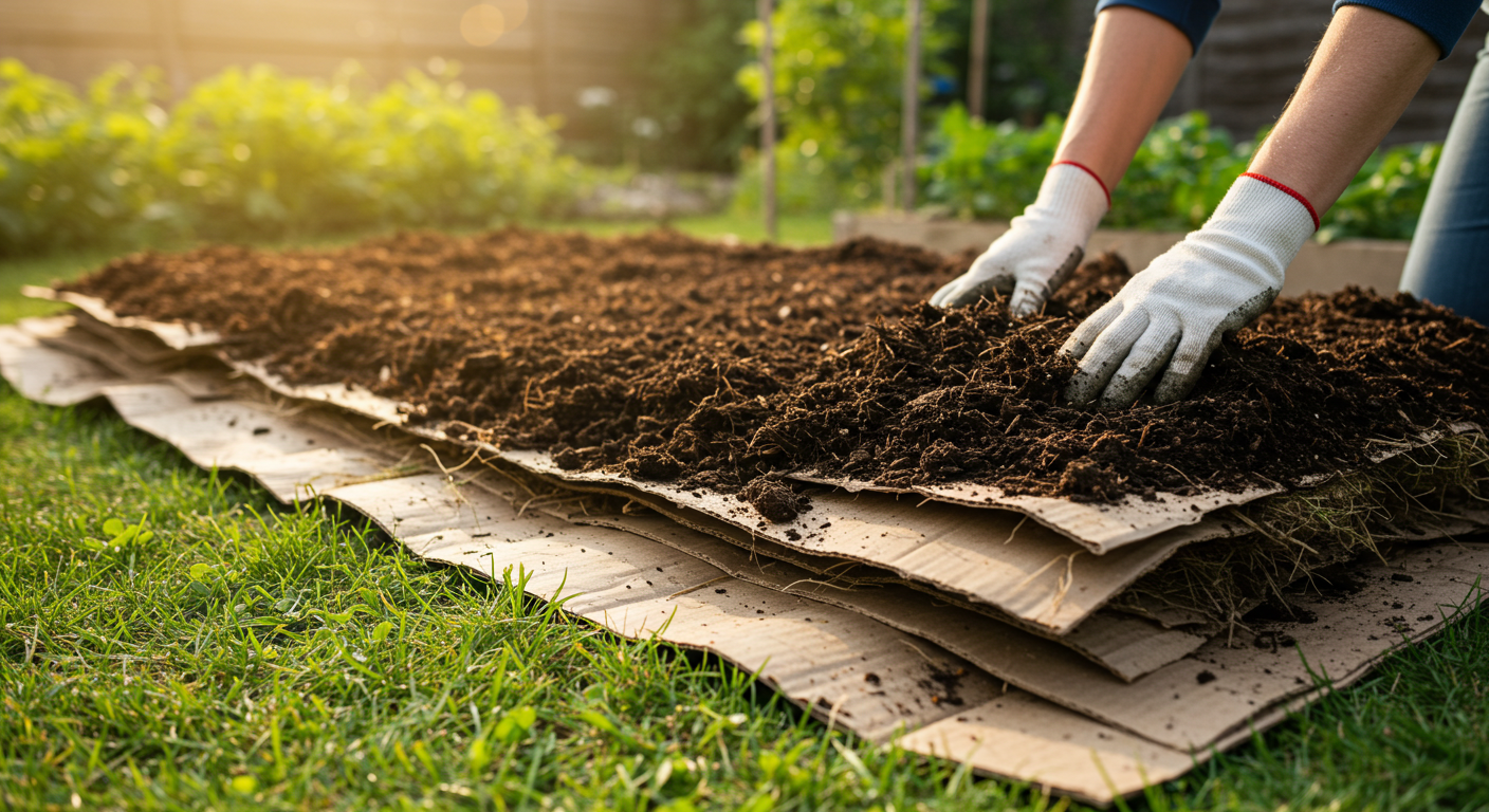 Close-up shot of a gardener's hands layering dark, rich compost over cardboard sheets in a newly prepared no-dig permaculture garden bed.