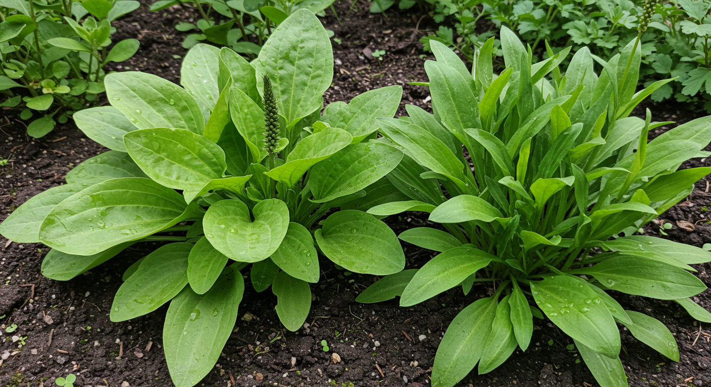 A close-up, photorealistic image of broadleaf plantain (Plantago major) with its wide, oval leaves and narrowleaf plantain (Plantago lanceolata) with its long, slender leaves, growing together in a garden setting, illustrating their key identification differences.