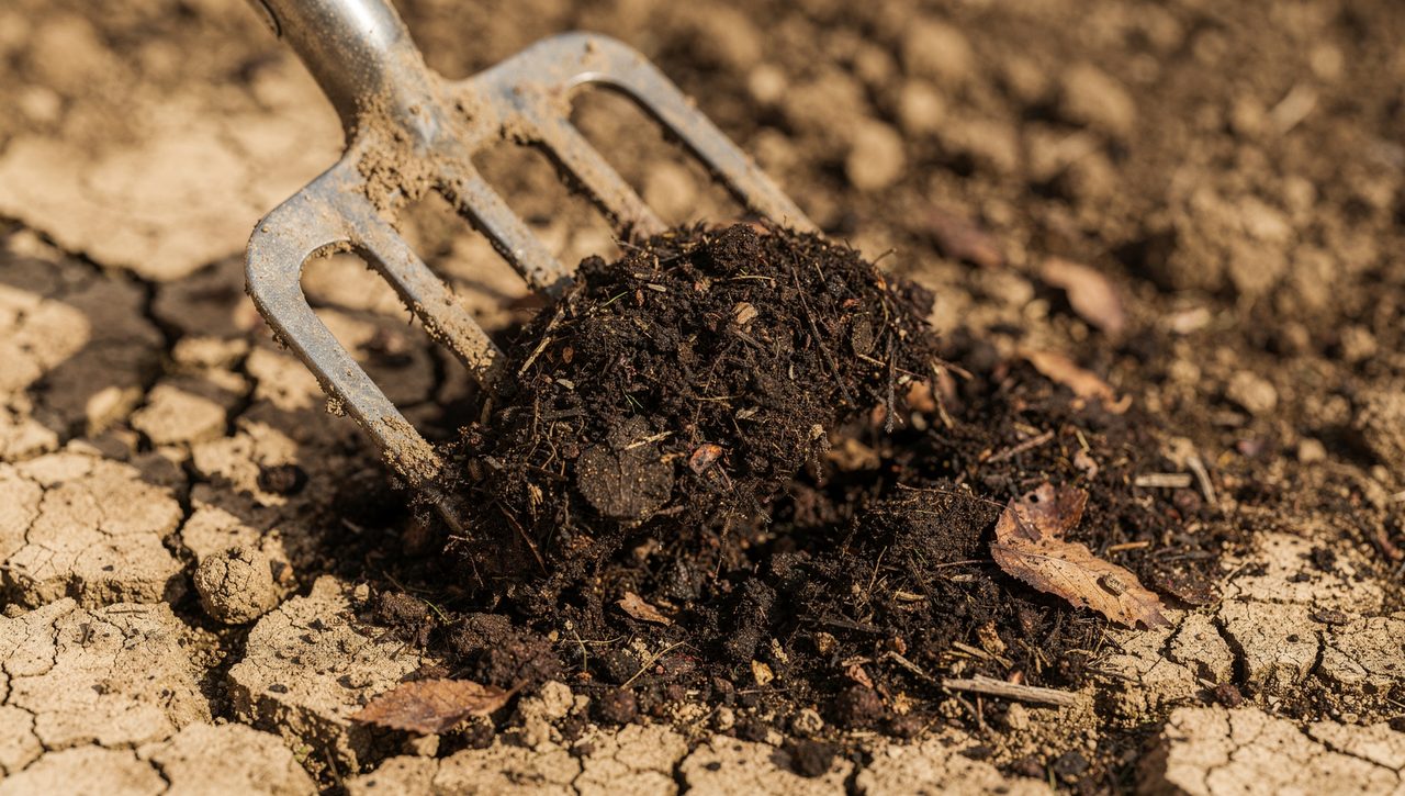 A garden fork lifting dark crumbly compost into cracked heavy clay garden soil, working organic matter into the surface in afternoon light.