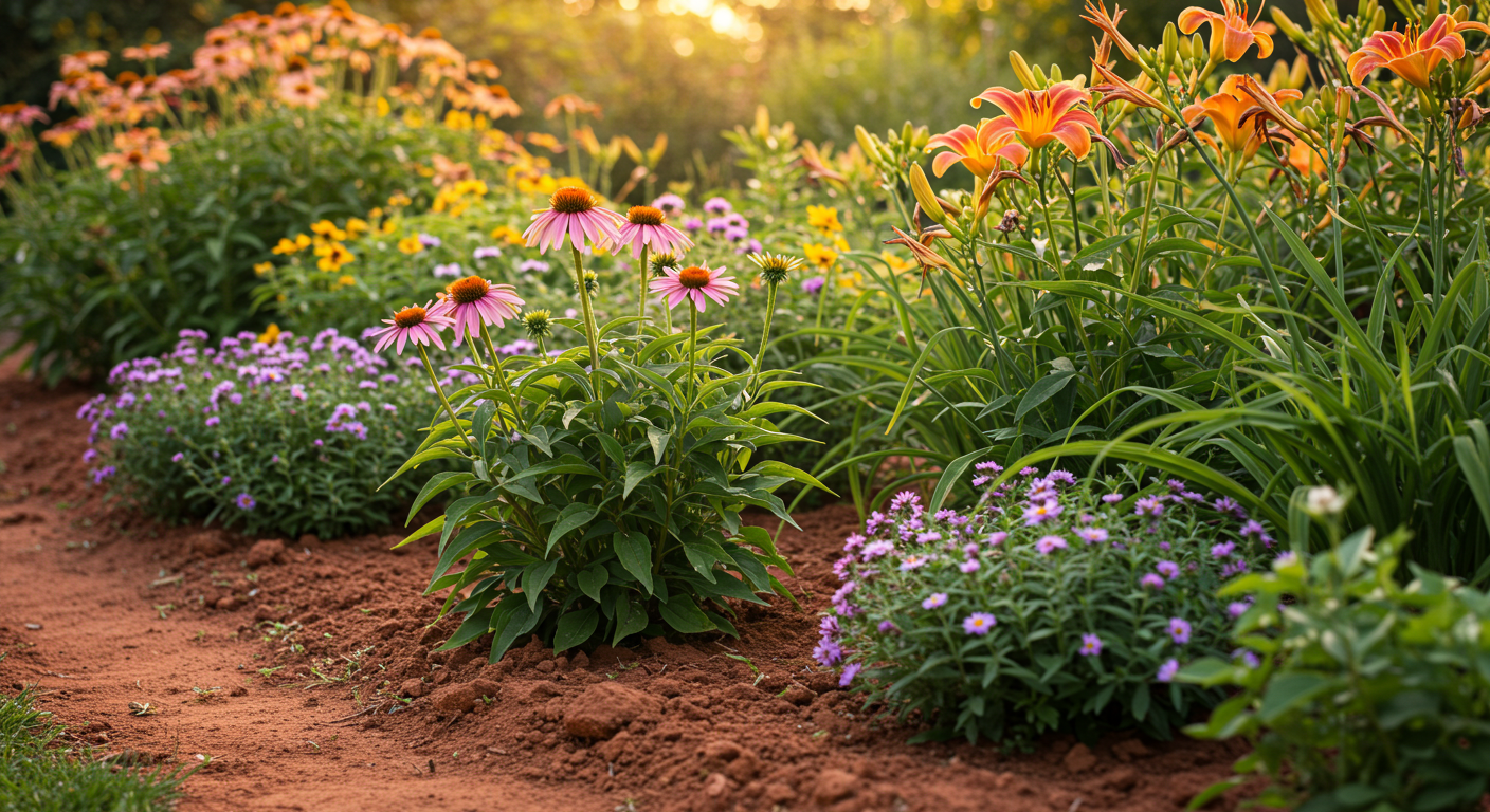A close-up, photorealistic image of healthy coneflowers, daylilies, and asters flourishing in a garden bed. The plants display vibrant green leaves and colorful blooms, rooted in visibly rich, reddish-brown clay soil that appears slightly damp. Natural sunlight illuminates the scene, suggesting a successful planting in challenging conditions.