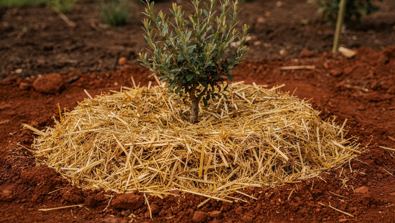 A young shrub newly planted in clay soil with its crown set slightly high and golden straw mulch mounded around the base in soft daylight.